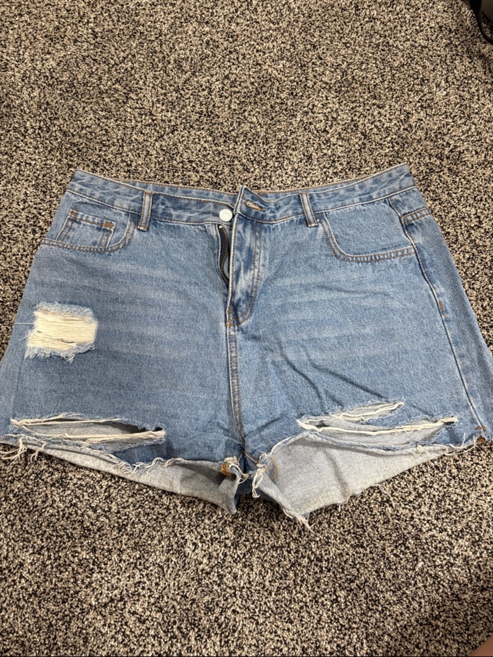 High-Rise Distressed Denim Shorts - Light Blue